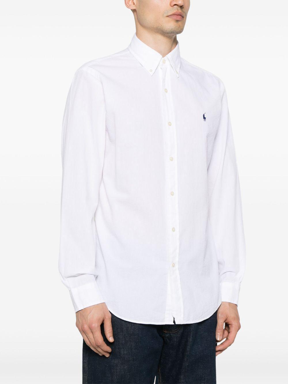 Camicia custom-fit bianca in cotone seersucker a righe con ricamo Pony sul petto.<BR/> 710938519 001 RALPH LAUREN