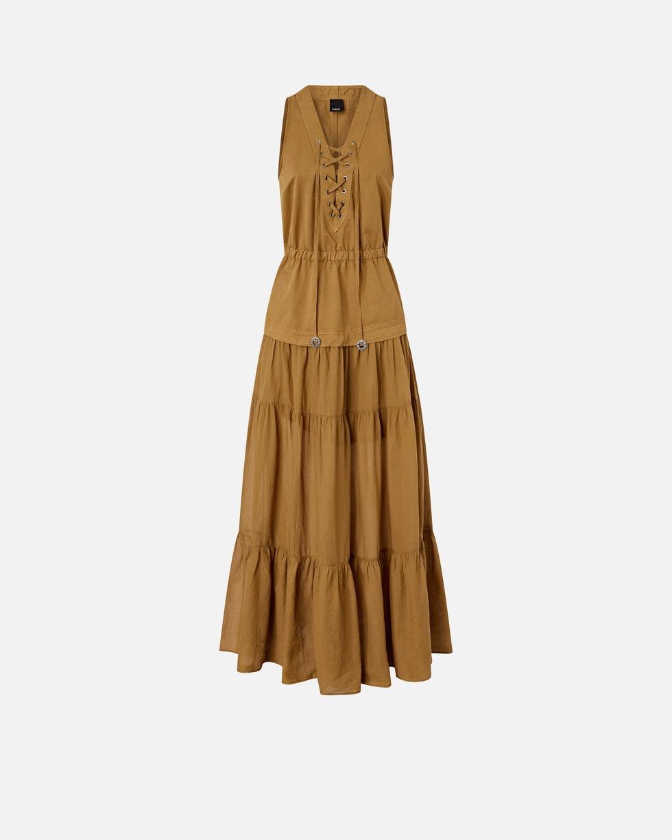 Abito lungo in cotone con balza e nastri<BR/> 106822A3AX L25 PINKO