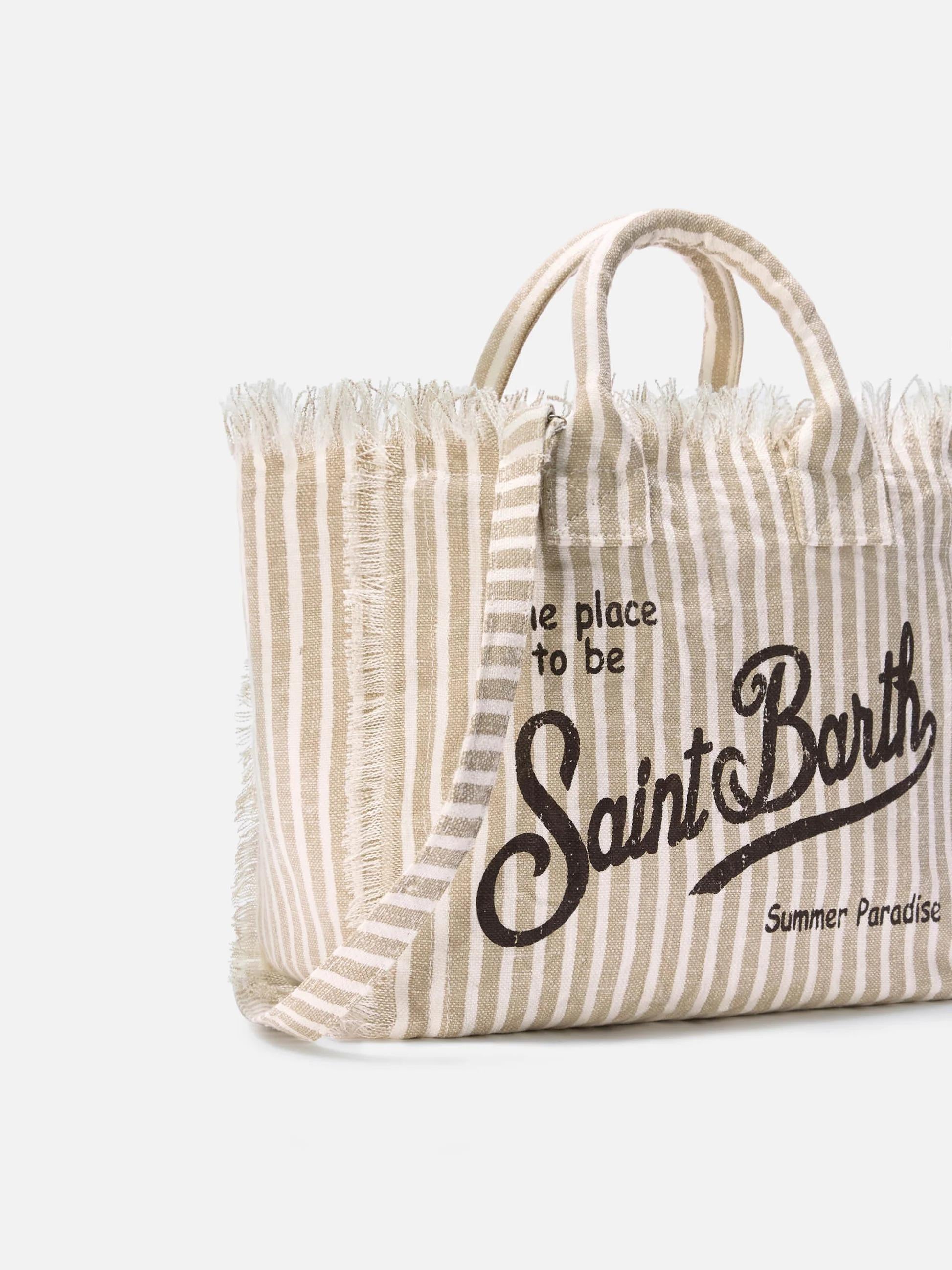 Borsa Colette in lino a righe beige e bianche<BR/> COL0018 00433L MC2 SAINT BARTH