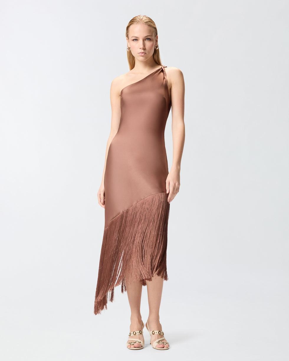 Abito corto monospalla in satin con frange<BR/> 106352A33D L50 PINKO