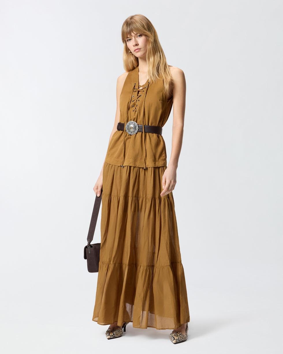 Abito lungo in cotone con balza e nastri<BR/> 106822A3AX L25 PINKO