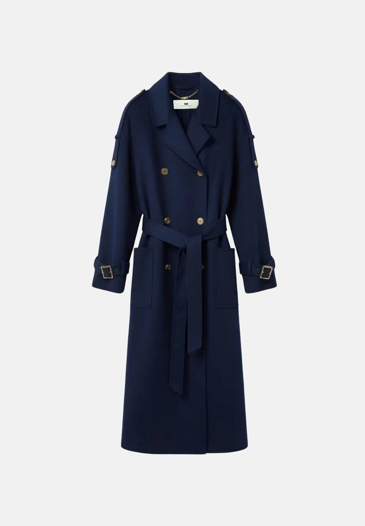 ELISABETTA FRANCHI Cappotto lungo blu da donna con cintura in vita e bottoni dorati a doppio petto CP02D66E2 H88 ELISABETTA FRANCHI 