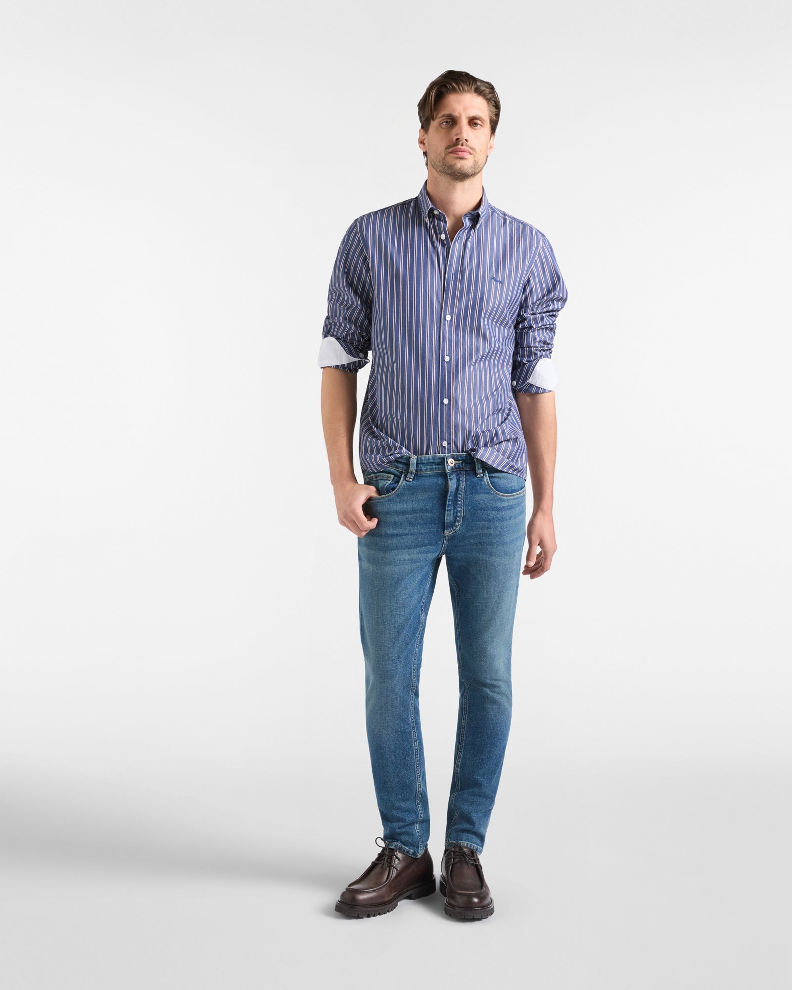 Camicia Uomo Righe Regimental Regular Fit blu<BR/> CRR011013954M 801 HARMONT & BLAINE 