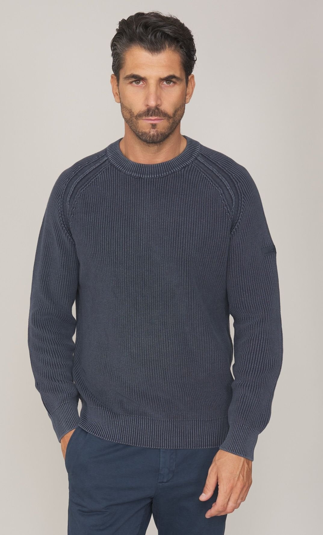 MAGLIA GIROCOLLO HESKIMO A COSTE IN COTONE LAVATO<BR/> HE2400001 BLUE HESKIMO 