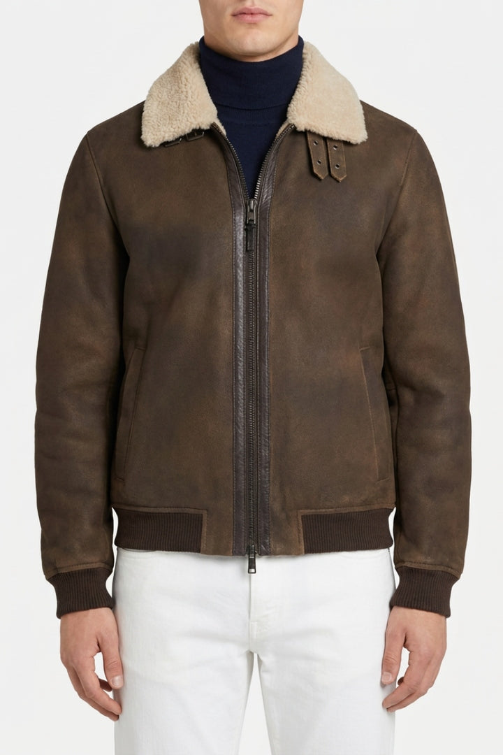 Giubbotto in Pelle Scamosciata con Collo Shearling / Marrone HE2440049 MORO HESKIMO 