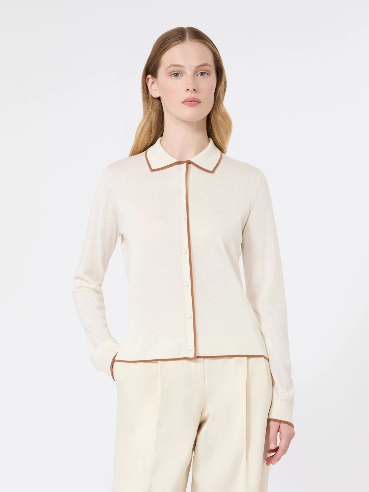 STUDIO<BR/>Cardigan in filato di lana e seta - Bianco Cammello MSTTARGA 012 MAX MARA STUDIO 