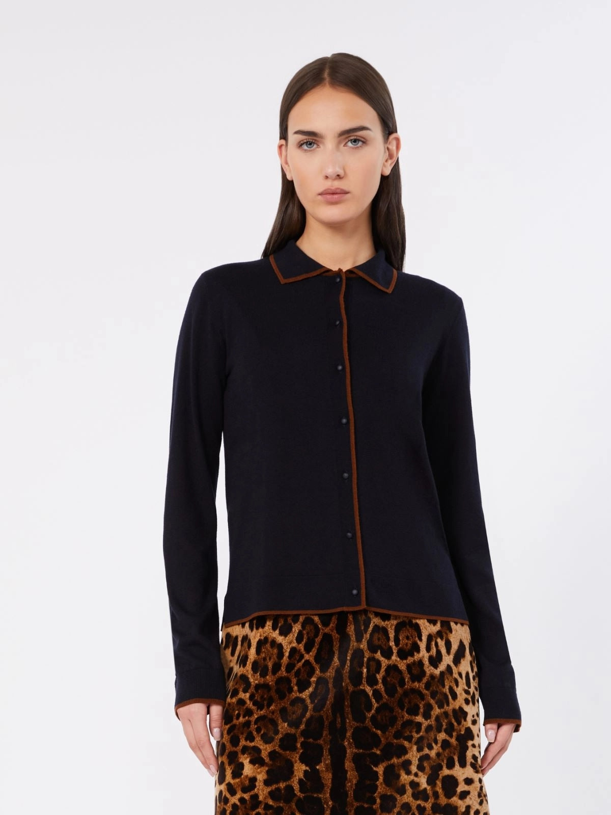 STUDIO<BR/>Cardigan in filato di lana e seta - Blu Marrone MSTTARGA 014 MAX MARA STUDIO 