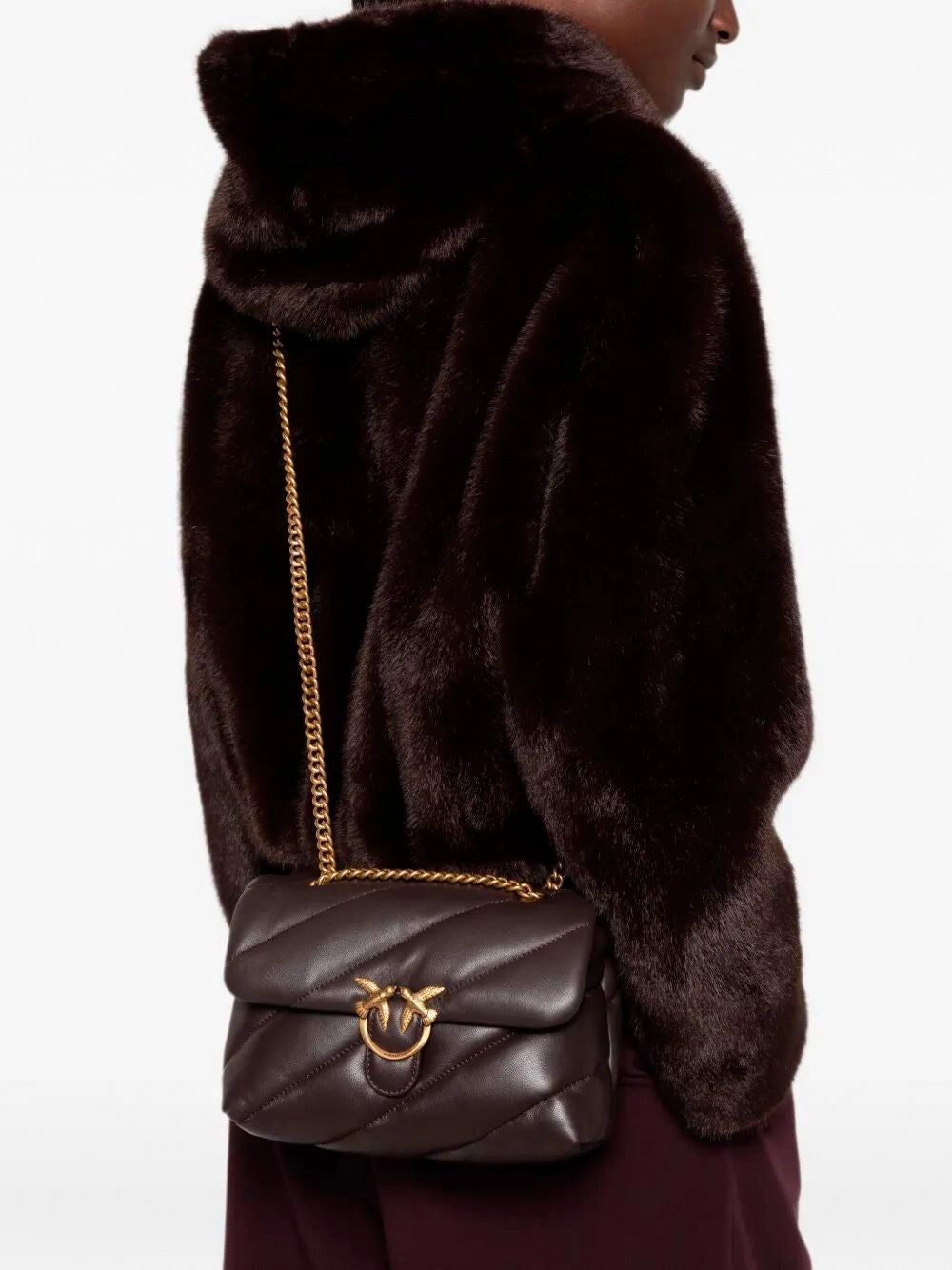 Pinko Love Puff Mini Borsa Donna in Pelle Marrone Marasca Antique Gold 107617A0F2 M12Q PINKO 