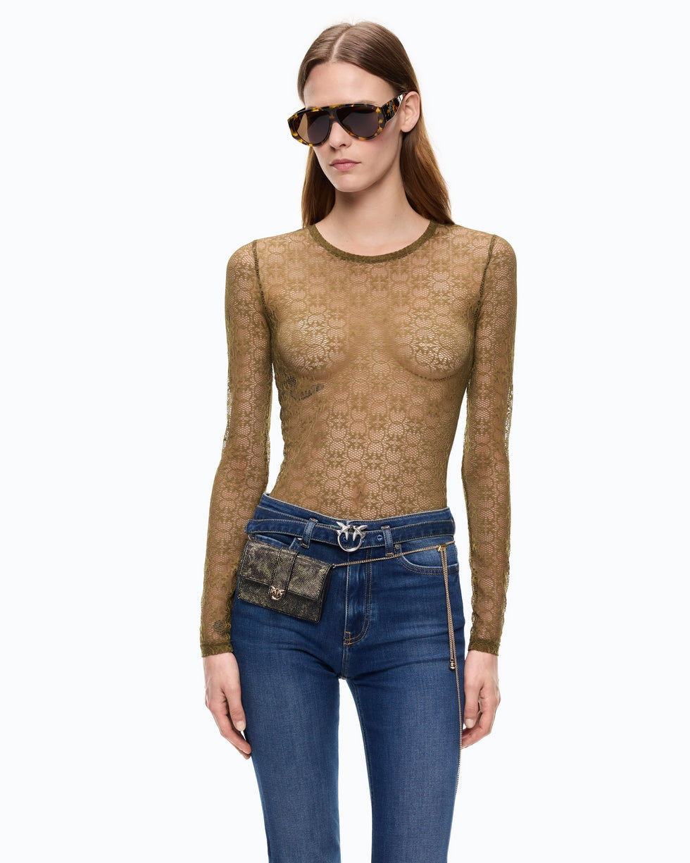 Maglia in pizzo stretch con motivo logo Love Birds rover 107737A3MK X24 PINKO 