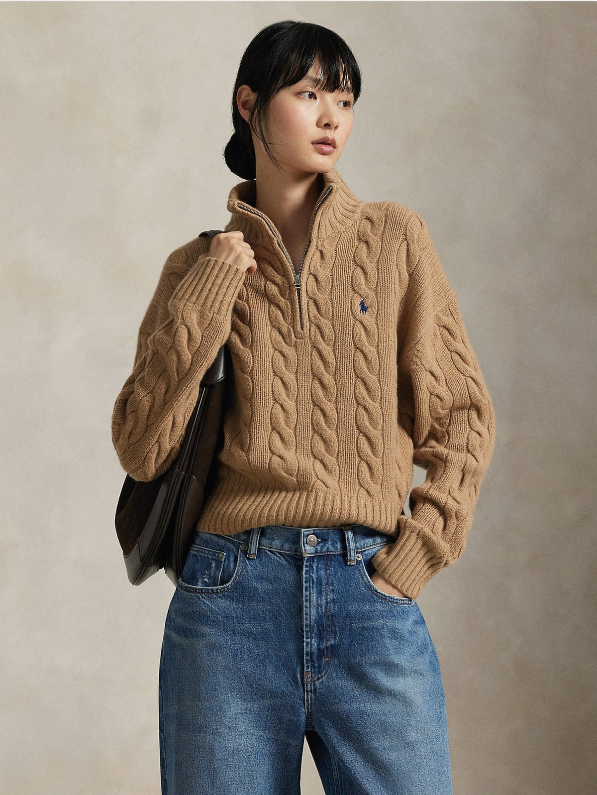 Maglia a Trecce in Lana con Mezza Zip Cammello 211972130 002 RALPH LAUREN 