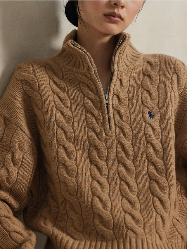Maglia a Trecce in Lana con Mezza Zip Cammello 211972130 002 RALPH LAUREN 
