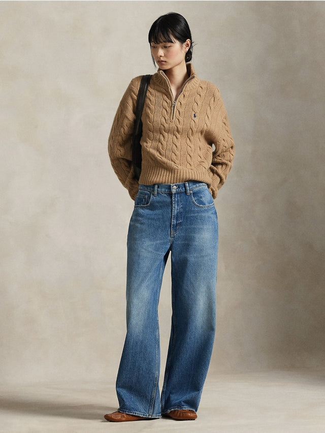 Maglia a Trecce in Lana con Mezza Zip Cammello 211972130 002 RALPH LAUREN 
