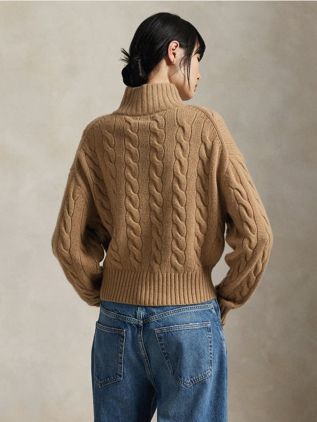 Maglia a Trecce in Lana con Mezza Zip Cammello 211972130 002 RALPH LAUREN 