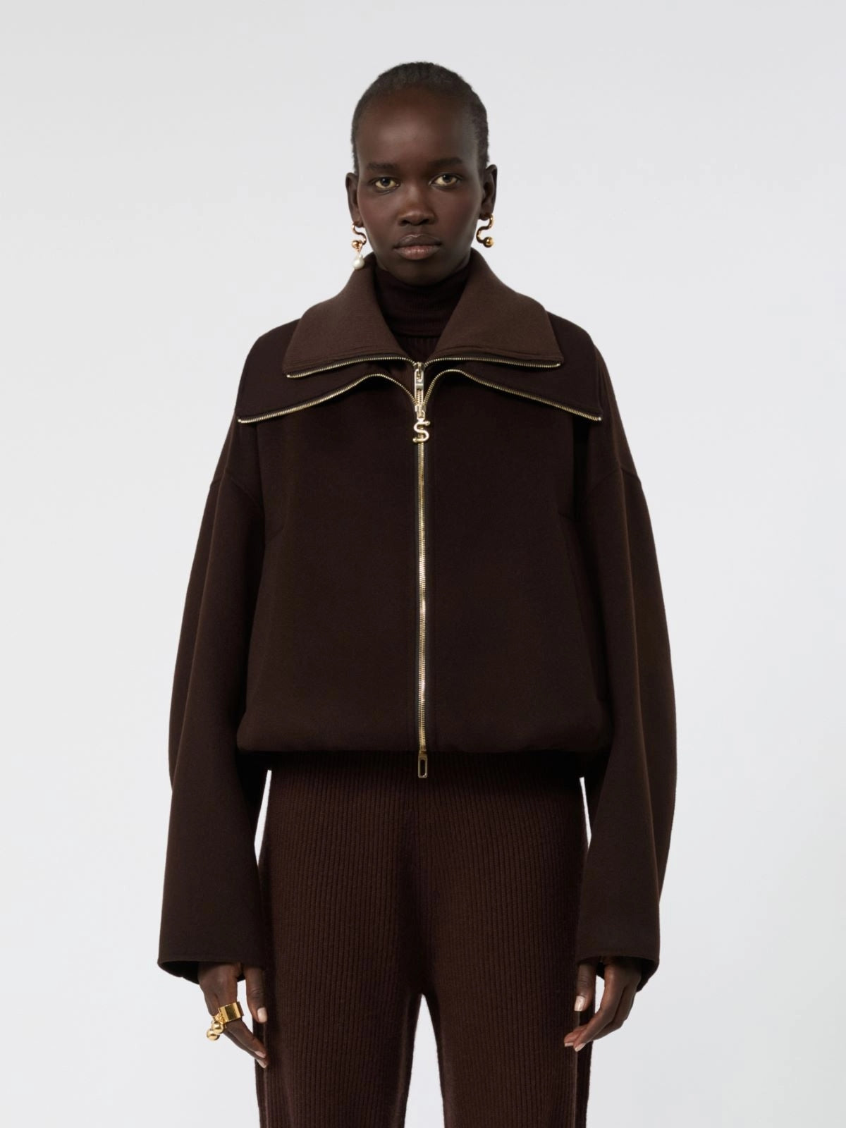 SPORTMAX<BR/>Bomber in pura lana con davantino rimovibile - Cioccolato SPXEMIRO 038 SPORTMAX 