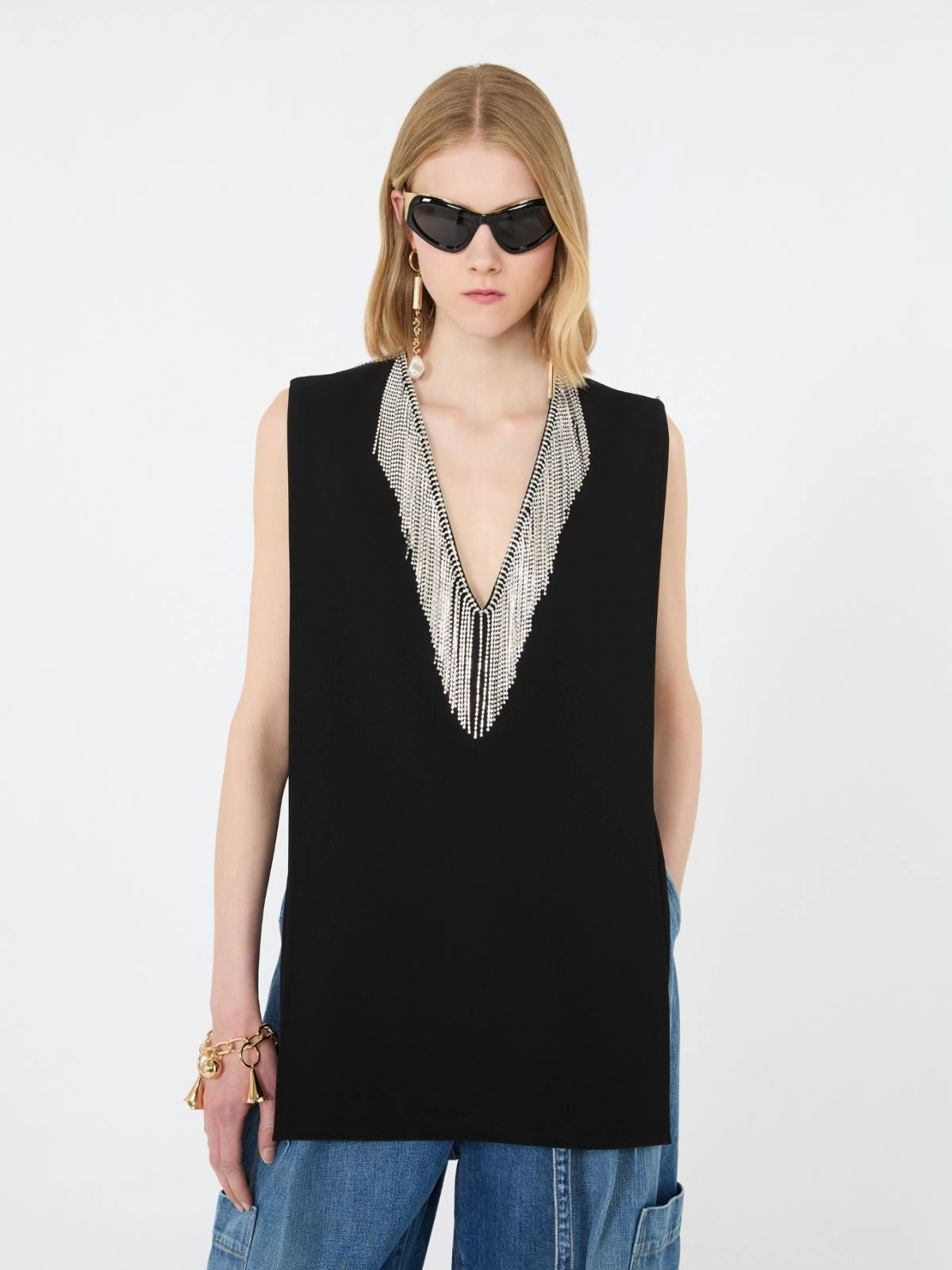 SPORTMAX<BR/>Top smanicato in cady con strass - Nero SPXFAGLIA 003 SPORTMAX 
