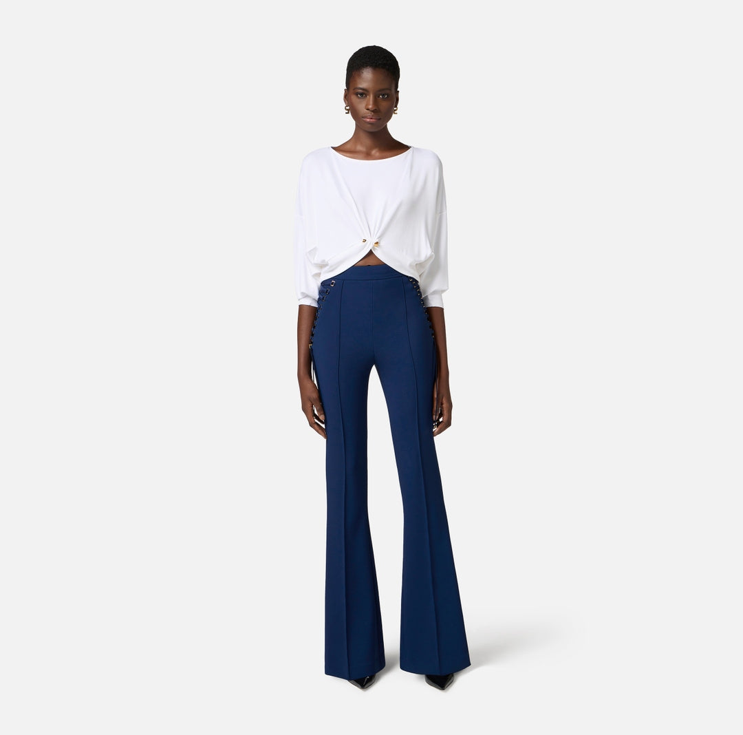 Pantaloni donna a zampa in crêpe con lacci criss-cross PA08351E2 DC8 ELISABETTA FRANCHI 