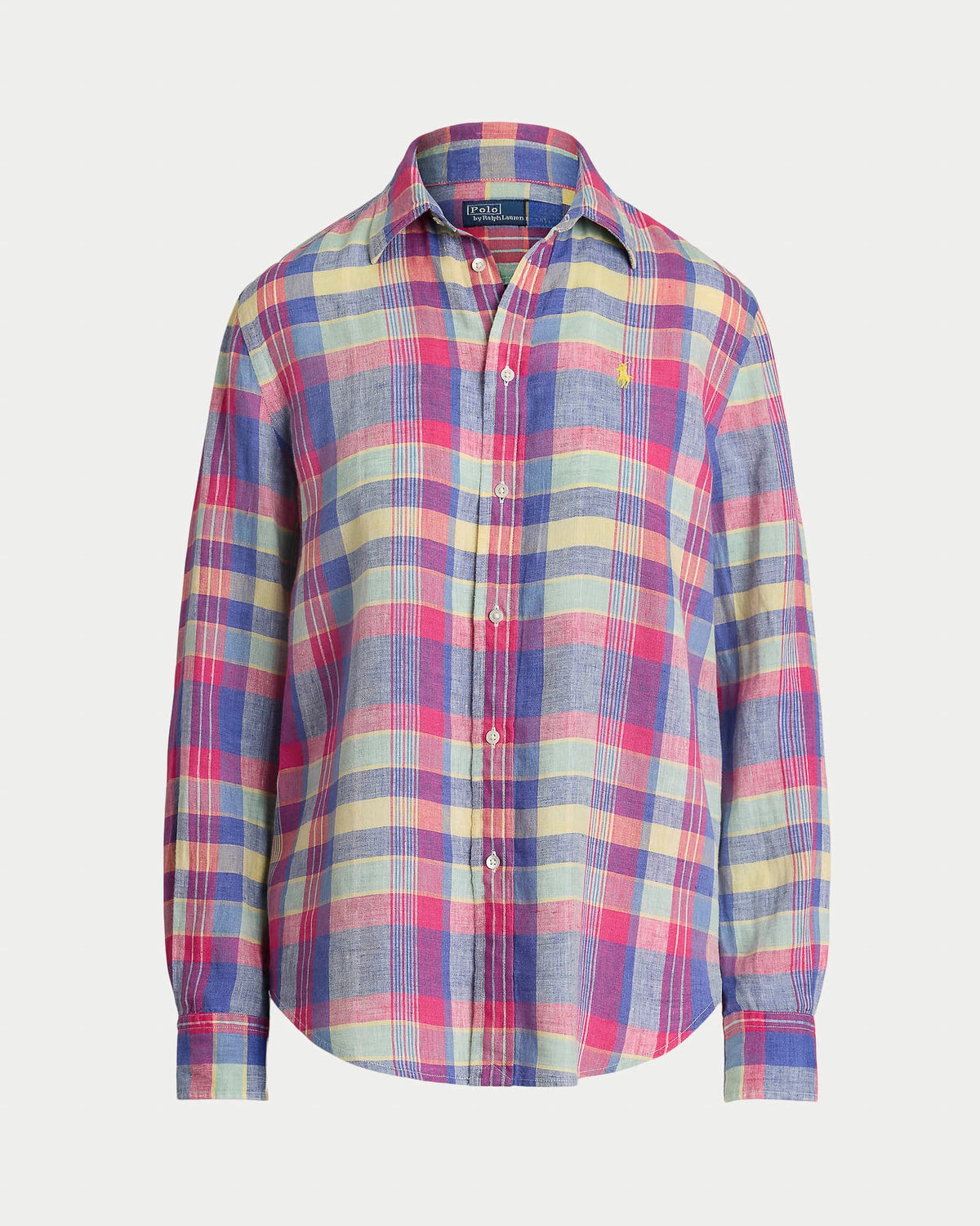 Camicia in lino a fantasia tartan rosa e azzurro con logo giallo ricamato sul petto<BR/> 211970733 001 RALPH LAUREN 