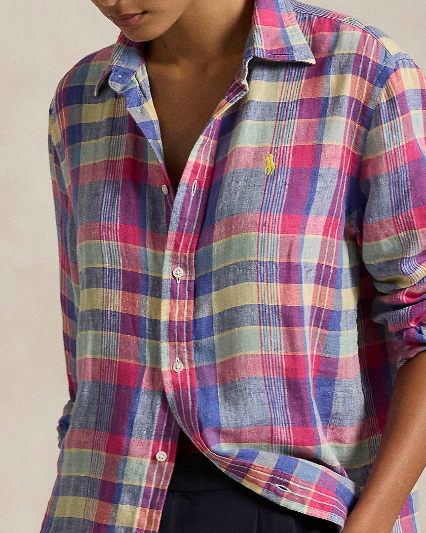 Camicia in lino a fantasia tartan rosa e azzurro con logo giallo ricamato sul petto<BR/> 211970733 001 RALPH LAUREN 