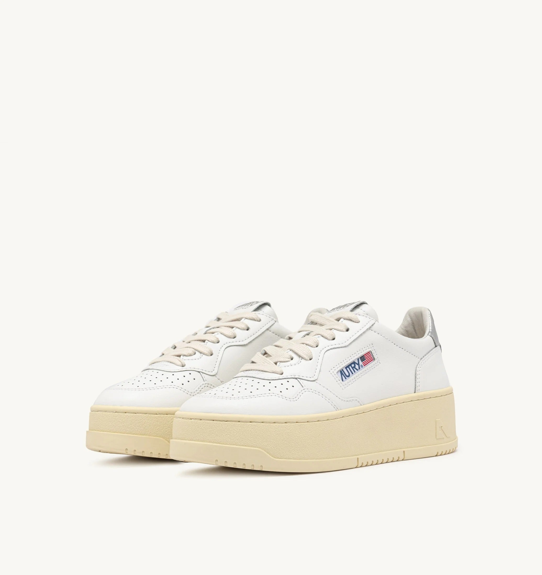 SNEAKERS MEDALIST PLATFORM IN PELLE BIANCA E METALLIZZATA ARGENTO PTLW LL05 AUTRY ACTION SHOES 