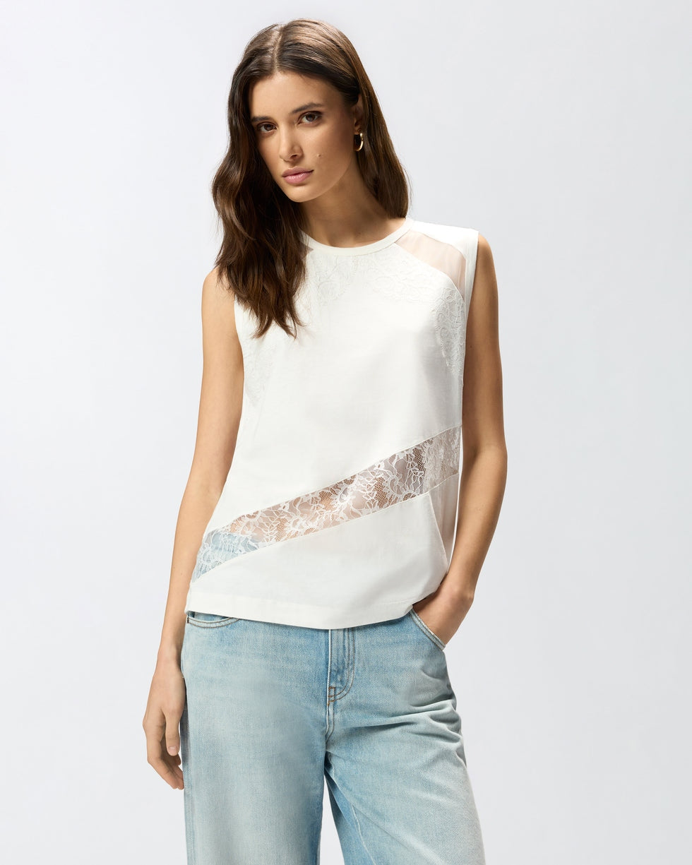 Top smanicato con dettagli in pizzo<BR/> 106291A335 Z05 PINKO 