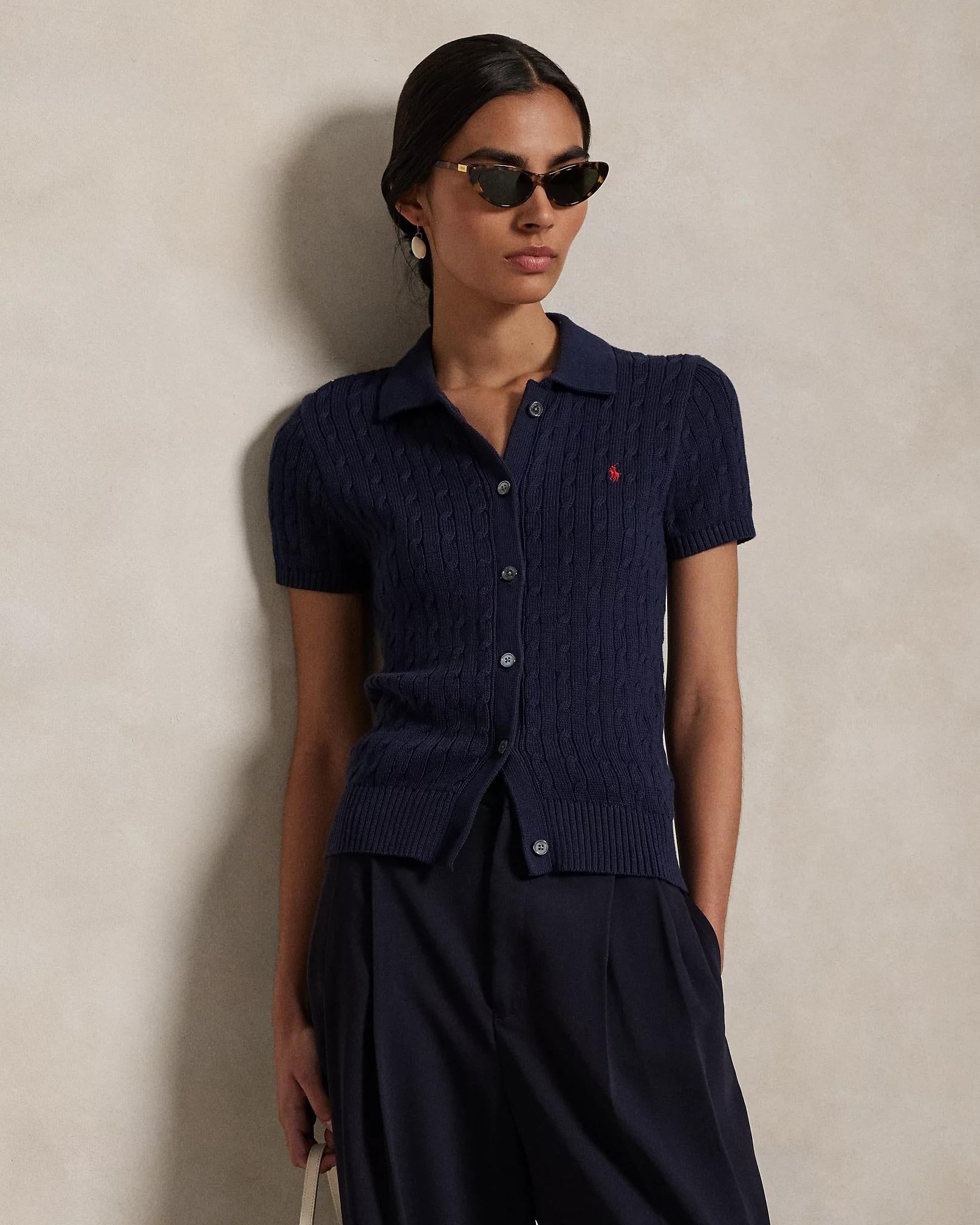 Cardigan polo in cotone a trecce
