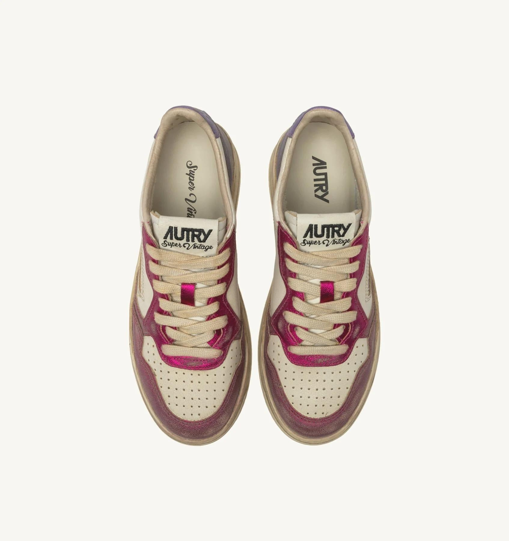 SNEAKERS MEDALIST LOW SUPER VINTAGE IN PELLE BIANCA FUCSIA E VIOLET<BR/> AVLW MT07 AUTRY ACTION SHOES 