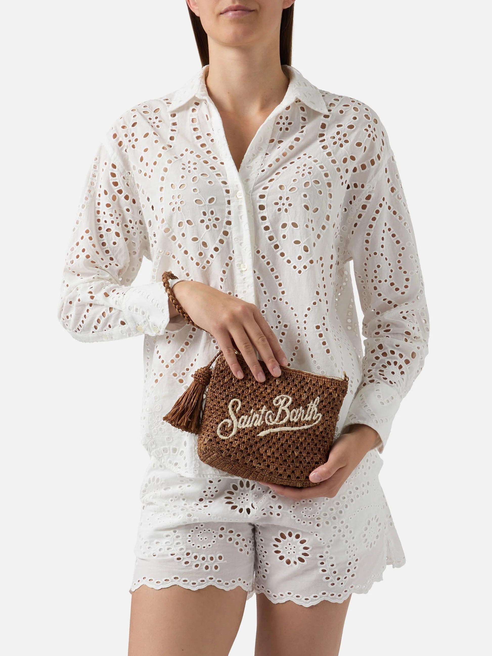 Pouch in rafia intrecciata marrone con logo ricamato<BR/> RAFP001 09038L MC2 SAINT BARTH 