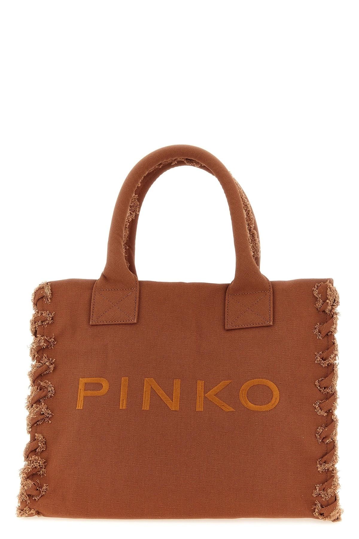 Borsa shopper media Beach in canvas con logo e dettagli sfrangiati<BR/> 106673A3A4 L08 PINKO 