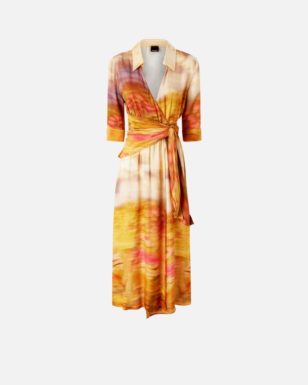 Vestito stampato in satin con scollo a V con fusciacca