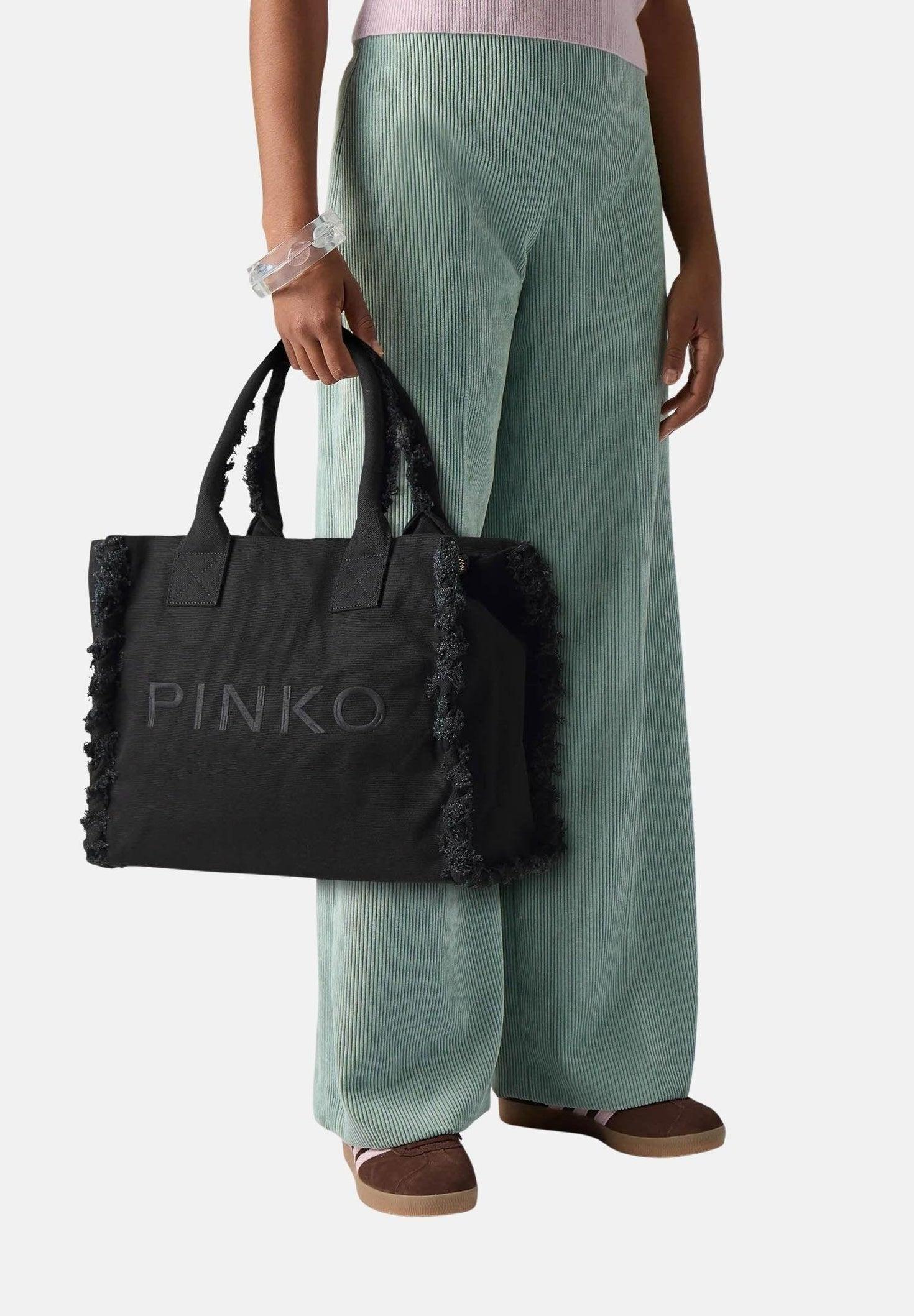 Borsa shopper media Beach in canvas con logo e dettagli sfrangiati<BR/> 106673A3A4 Z99 PINKO 