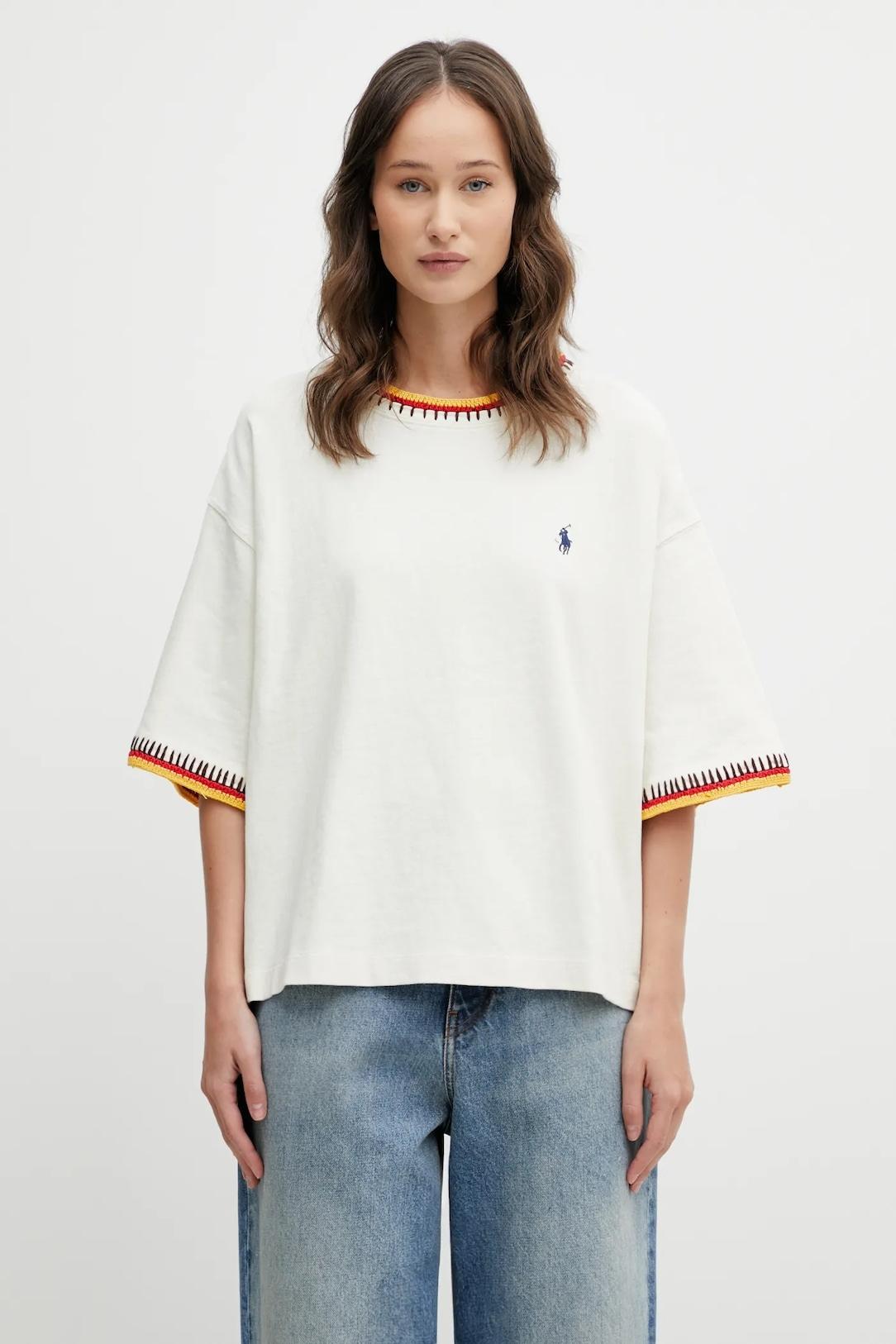 T-shirt in cotone con bordi uncinetto colorati 211A96265 001 RALPH LAUREN 