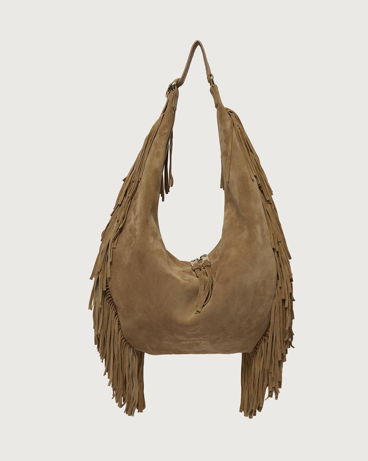 Borsa Isola Peach Fringe Large a spalla in suede<BR/> B02226PFG BISCOTTO ORCIANI 