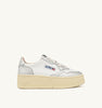SNEAKERS MEDALIST PLATFORM IN PELLE BIANCA E METALLIZZATA ARGENTO