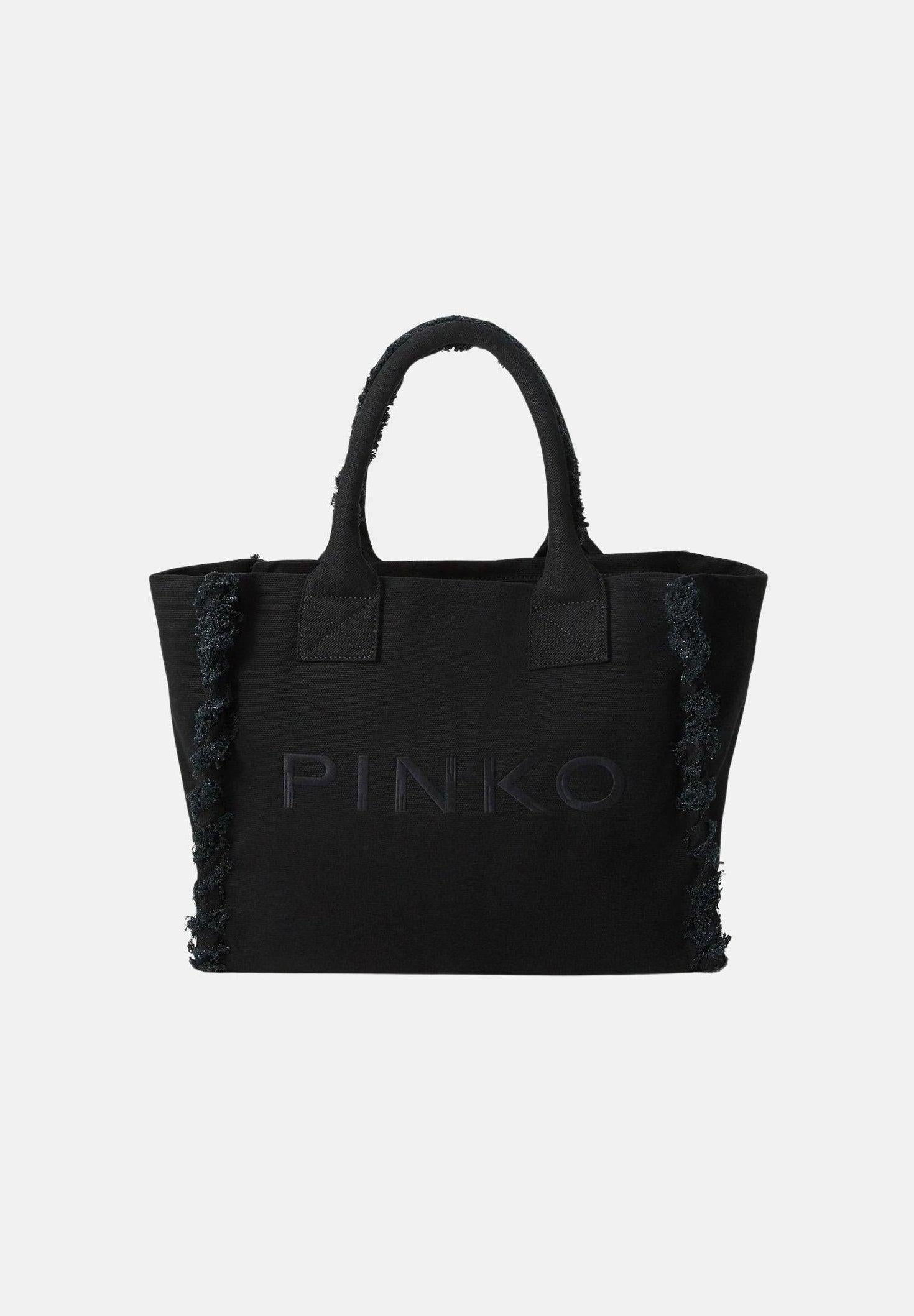 Borsa shopper media Beach in canvas con logo e dettagli sfrangiati<BR/> 106673A3A4 Z99 PINKO 
