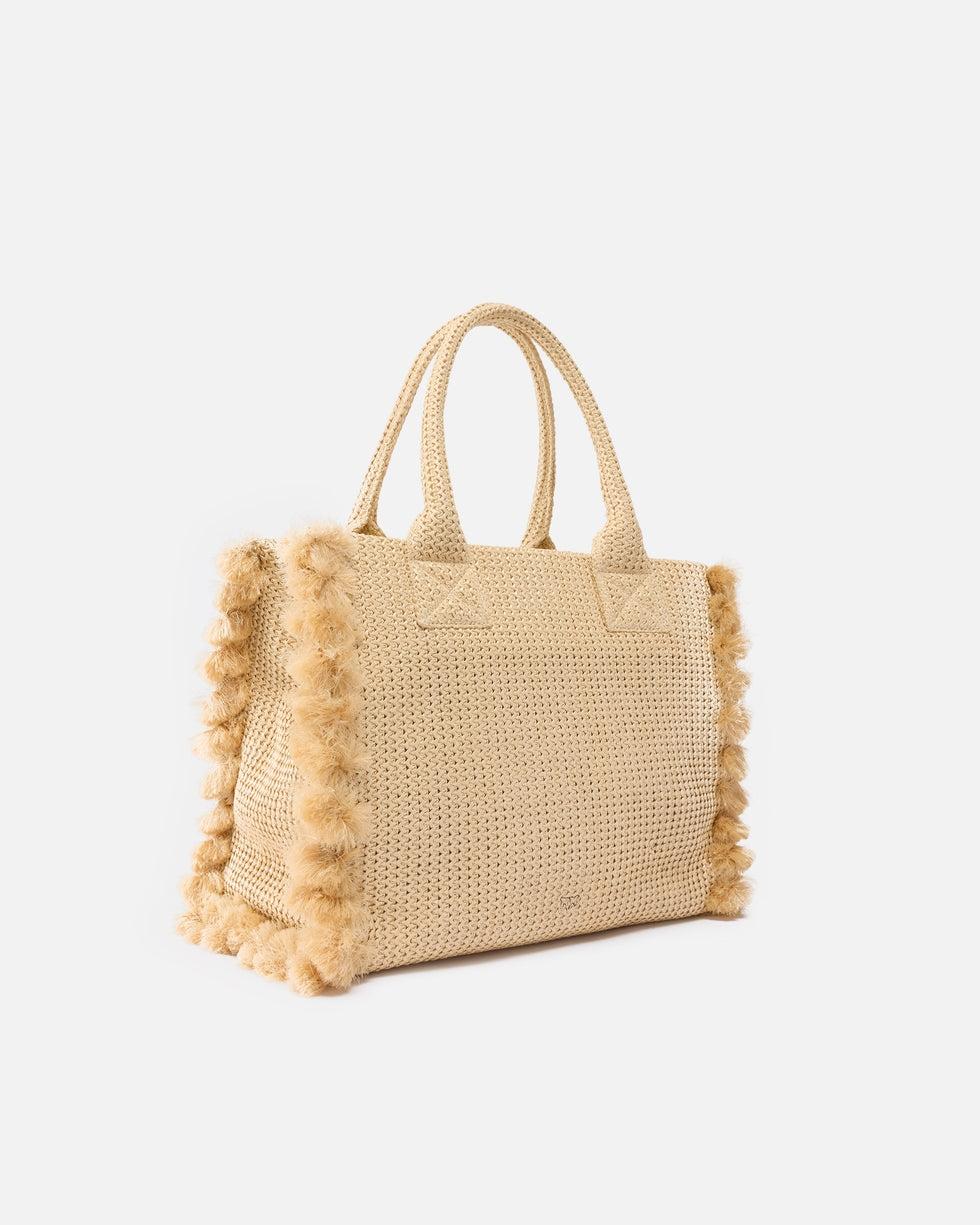 Borsa shopper media Beach in rafia con logo e nappine<BR/> 106673A39Y HZ3Q PINKO 