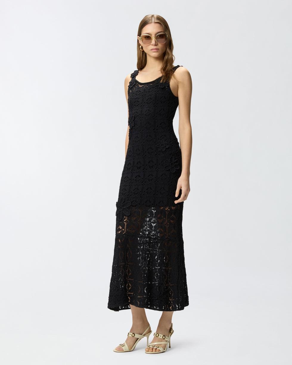 Abito midi effetto uncinetto con fiori applicati<BR/> 106862A3B8 Z99 PINKO 