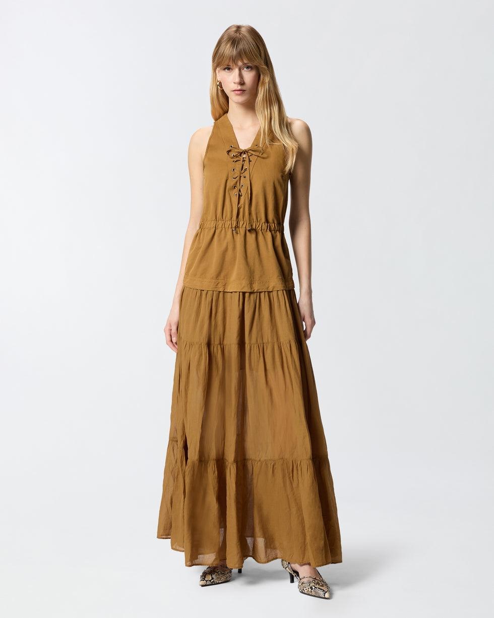 Abito lungo in cotone con balza e nastri<BR/> 106822A3AX L25 PINKO 