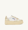 SNEAKERS MEDALIST PLATFORM IN PELLE BIANCA E METALLIZZATA PLATINO