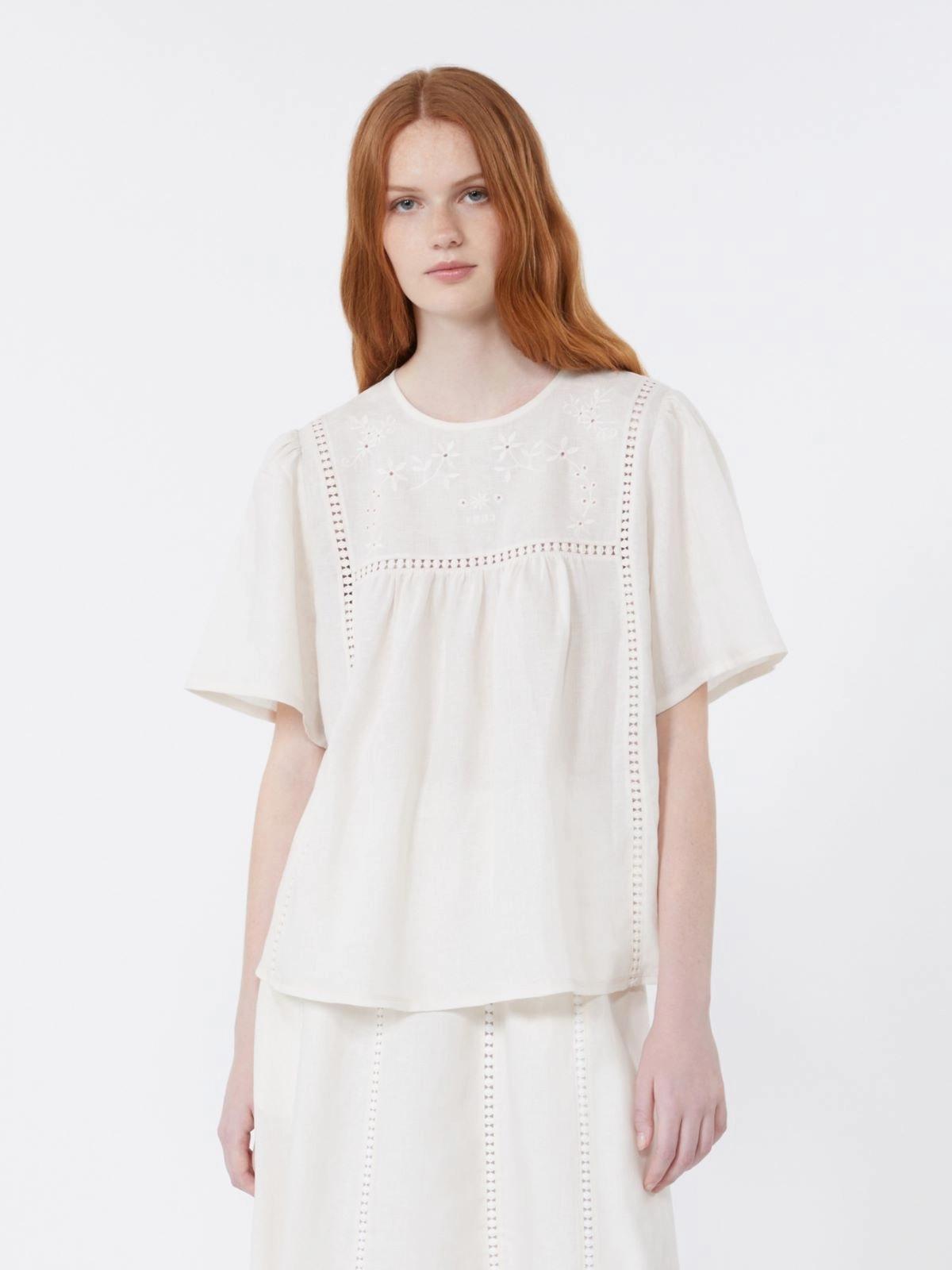 Top in tela di lino e jersey stretch - Ecru<BR/> WKDBACINO 001 WEEKEND 