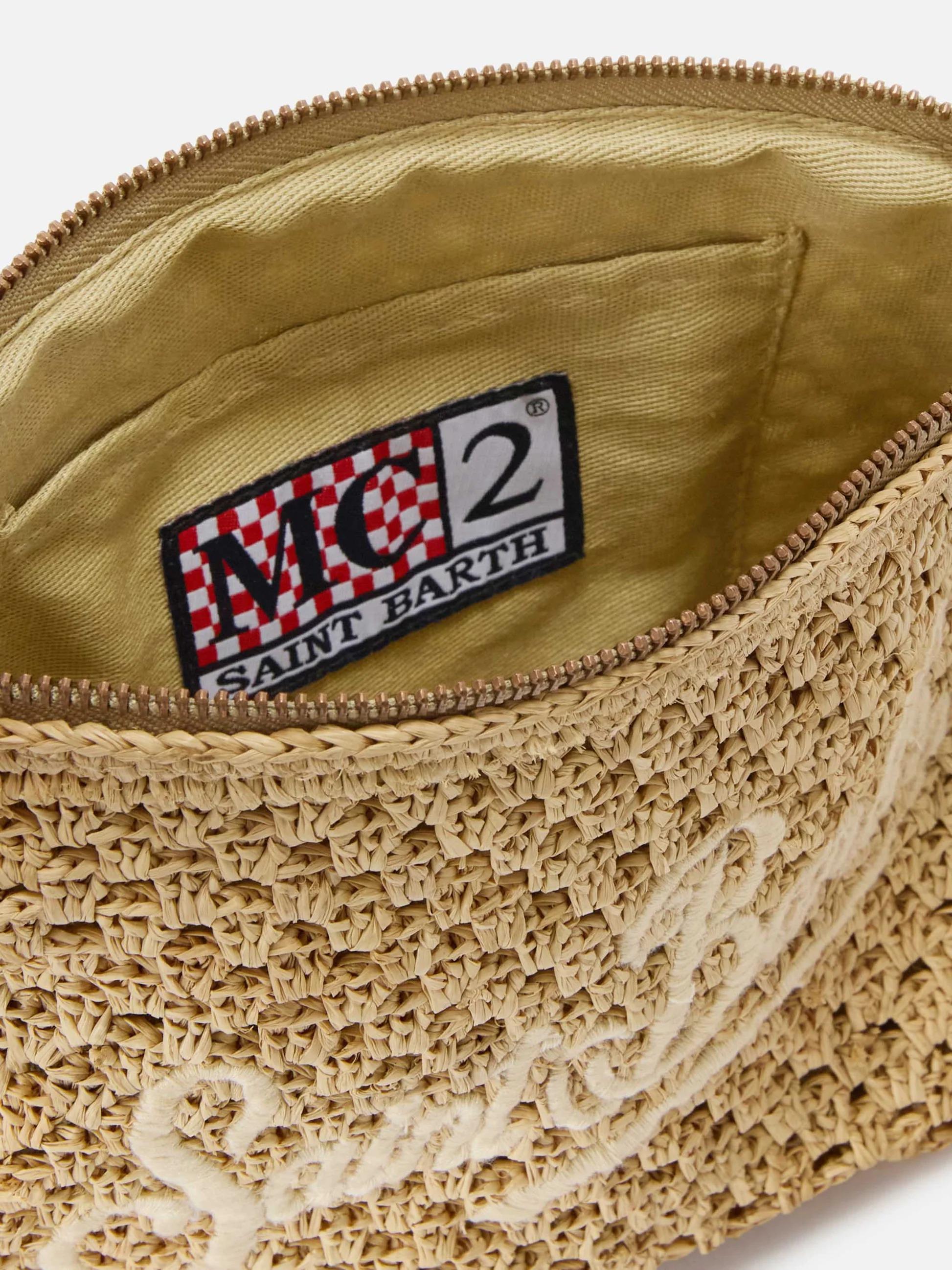 Pouch in rafia intrecciata naturale con logo ricamato<BR/> RAFP001 00878L MC2 SAINT BARTH 