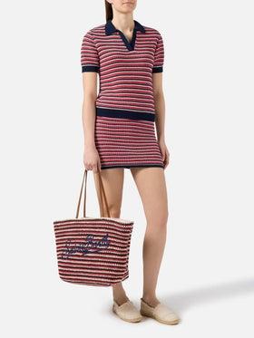 Borsa Tote Crochet a righe blu e rosse con logo ricamato<BR/> CRO0007 00593L MC2 SAINT BARTH 