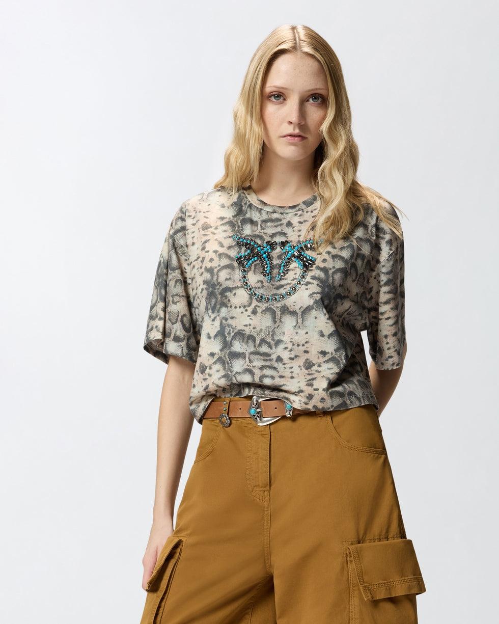T-shirt cropped con stampa snake e Love Birds<BR/> 106921A3C8 CZ9 PINKO 