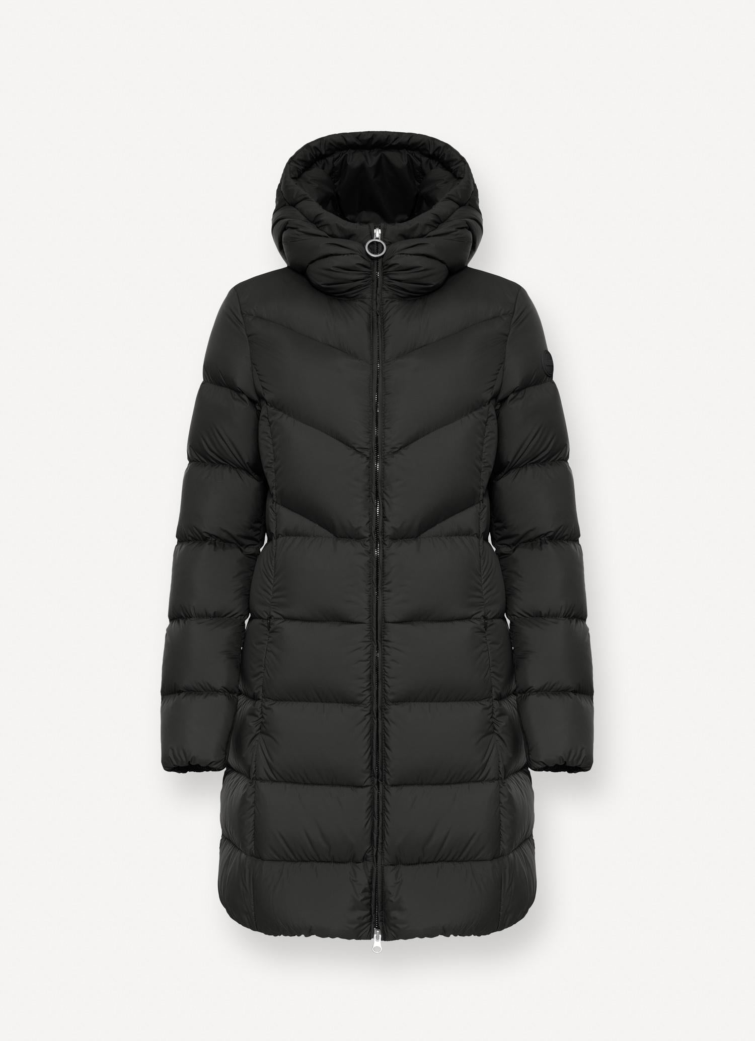 Women's long down jacket in technical fabric with hood