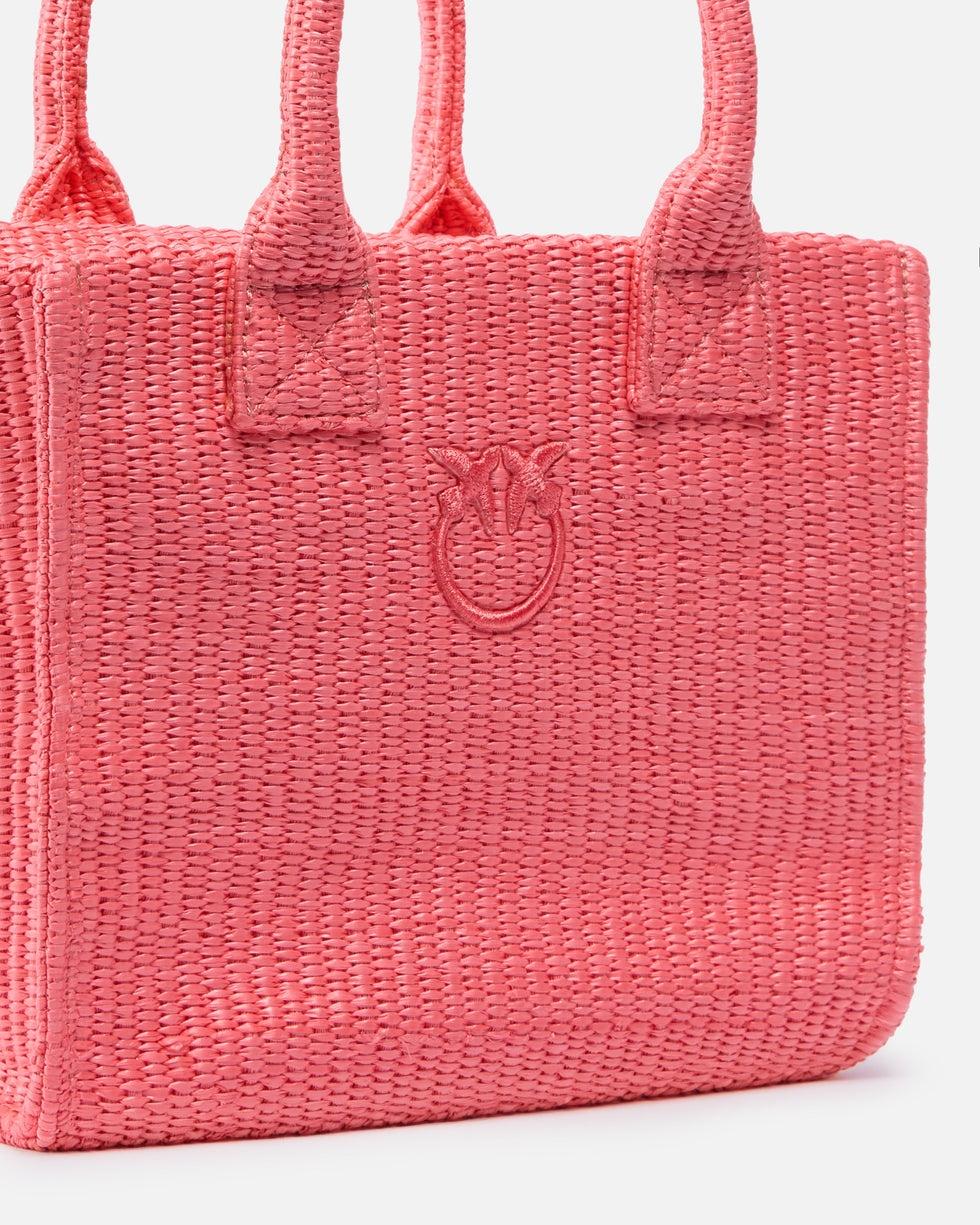 Borsa shopper piccola Beach in rafia con logo Love Birds<BR/> 106832A39Y N17 PINKO 