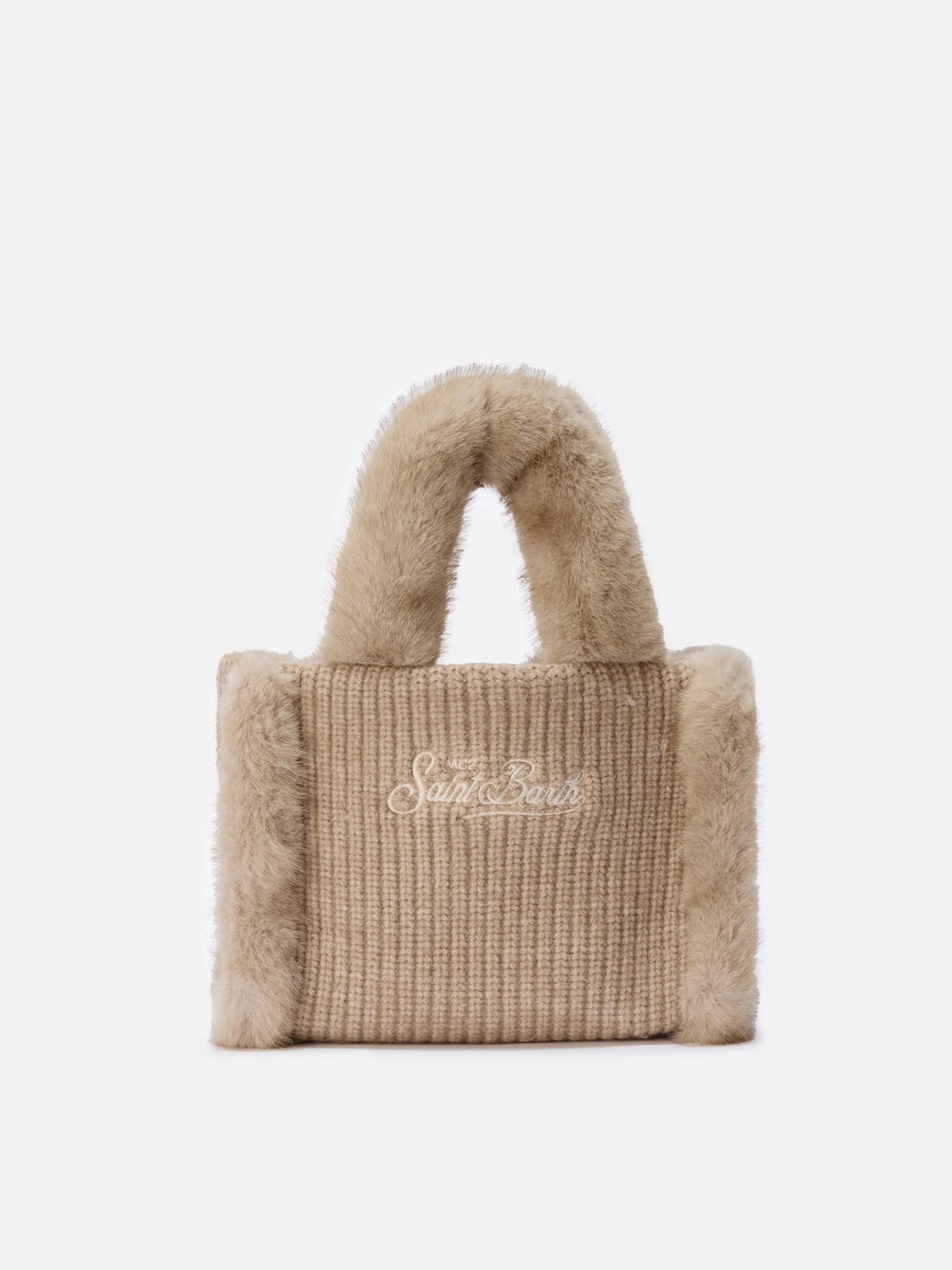 Borsa morbida a mano Vanity Mini Shearling Rib in misto lana a trecce beige<BR/> VAMI022 00295I MC2 SAINT BARTH 