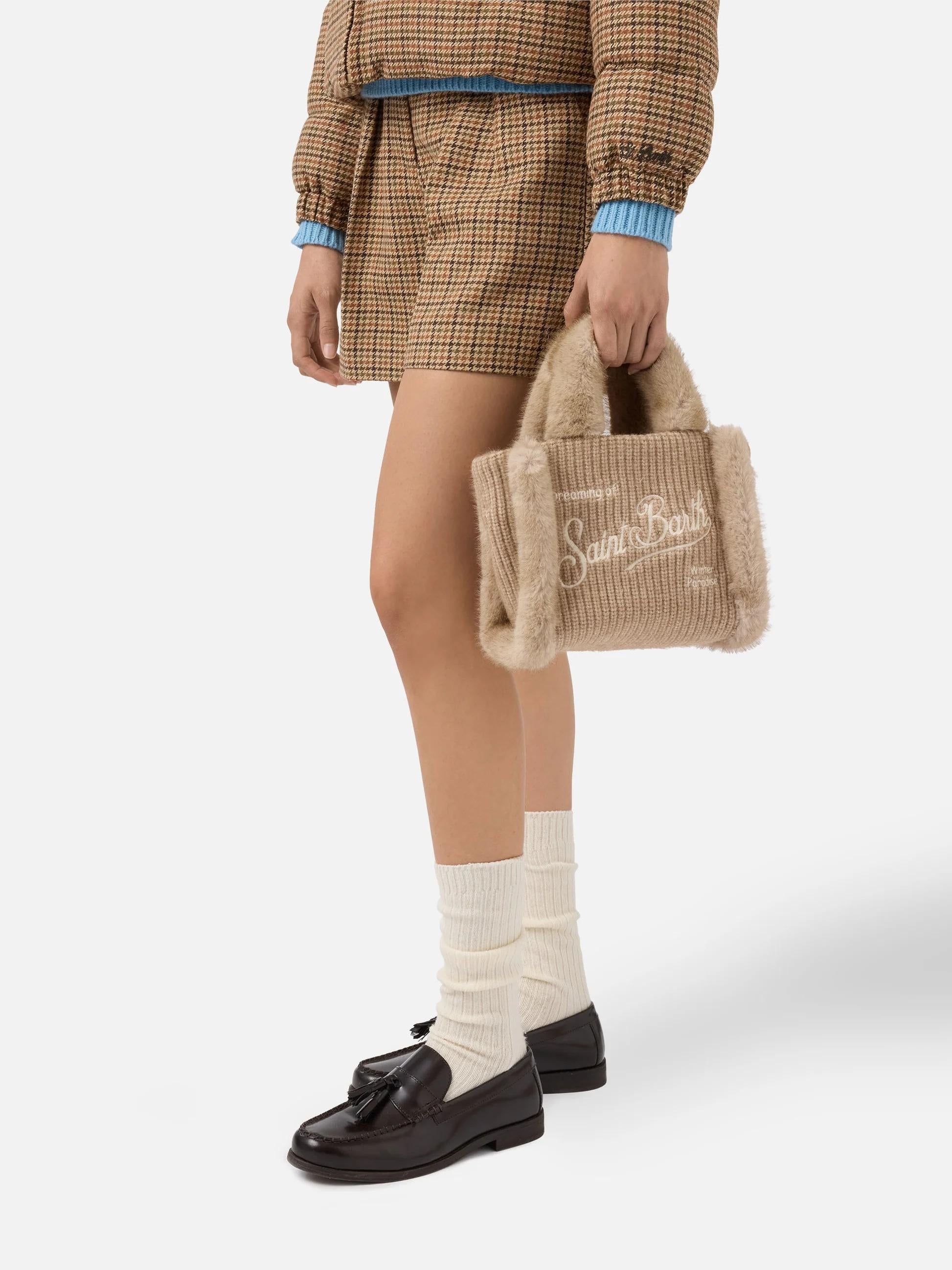 Borsa morbida a mano Vanity Mini Shearling Rib in misto lana a trecce beige<BR/> VAMI022 00295I MC2 SAINT BARTH 