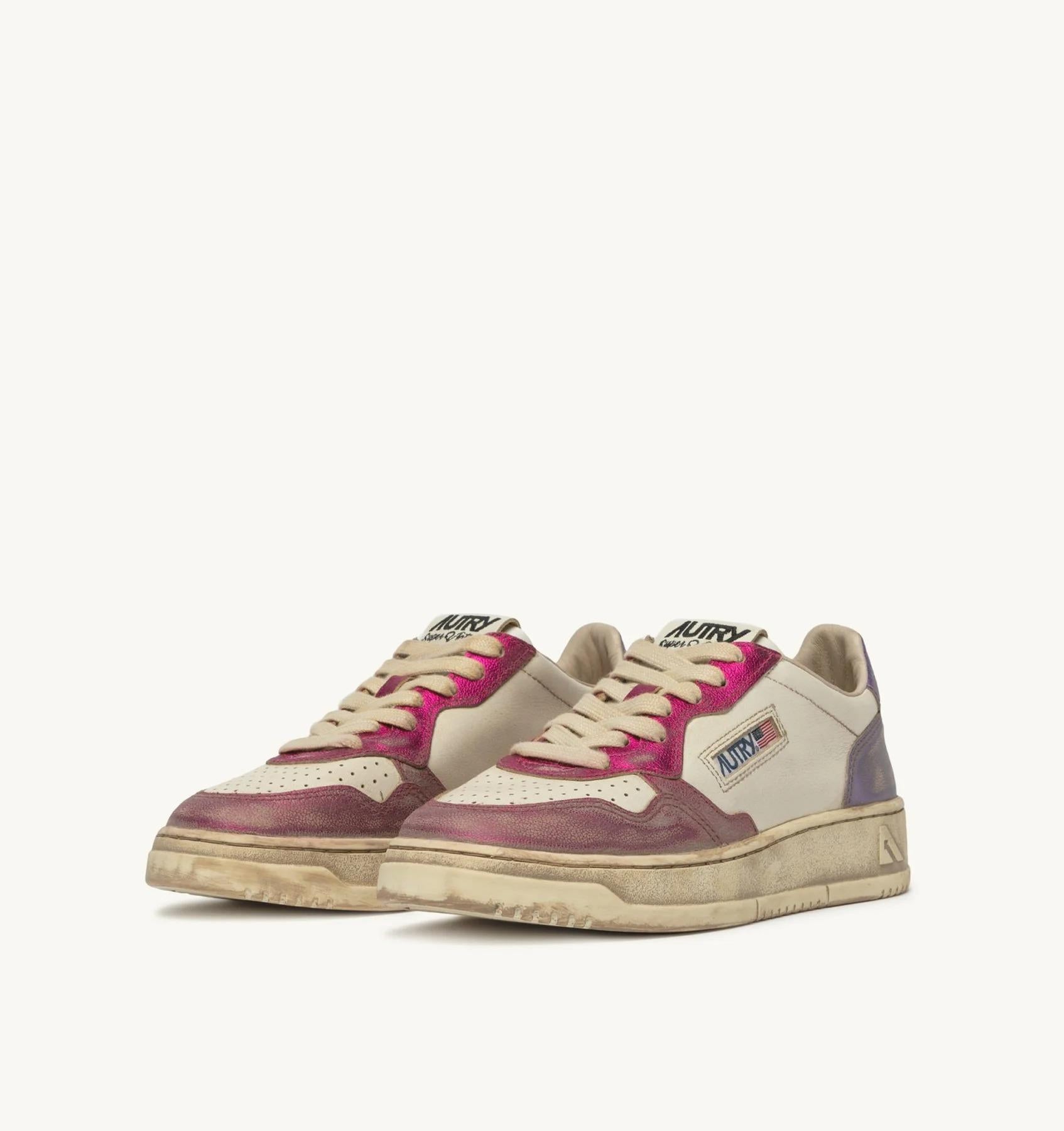 SNEAKERS MEDALIST LOW SUPER VINTAGE IN PELLE BIANCA FUCSIA E VIOLET<BR/> AVLW MT07 AUTRY ACTION SHOES 