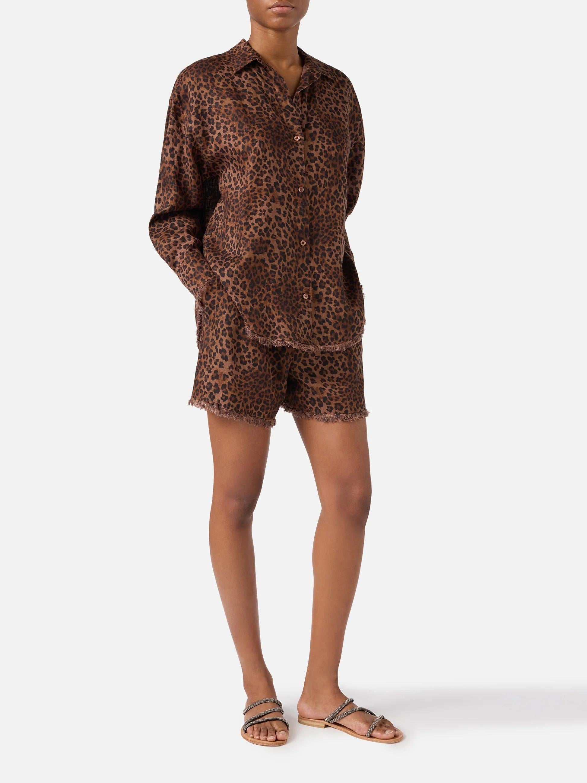 Camicia Cristal in lino con stampa leopardata<BR/> CYS0001 07842L MC2 SAINT BARTH 