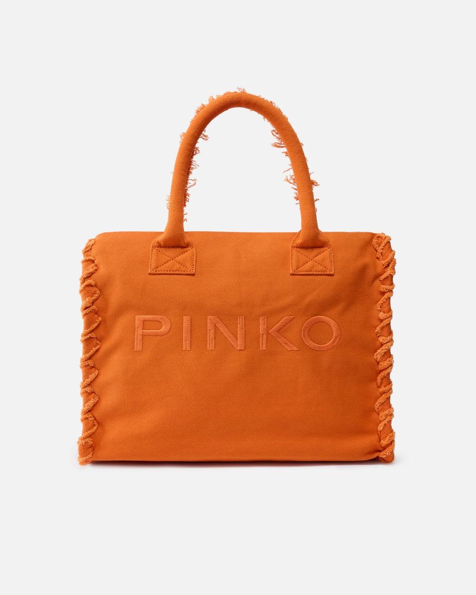 Borsa shopper media Beach in canvas con logo e dettagli sfrangiati<BR/> 106673A3A4 A76 PINKO 