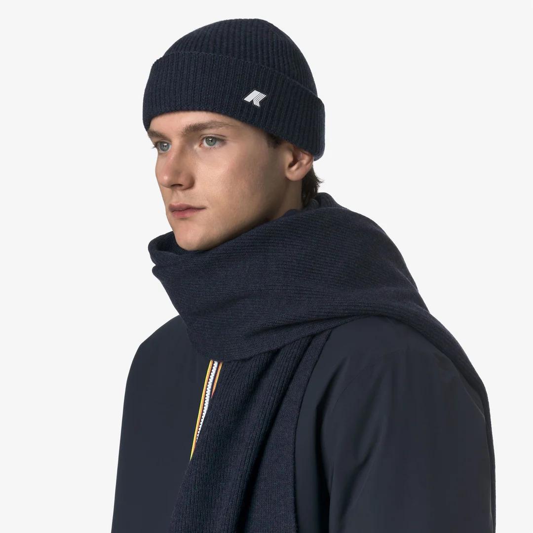 BRICE CARDIGAN STITCH WOOL<BR/>Berretto unisex in lana blu a coste da pescatore K2132HW KB1 K-WAY 